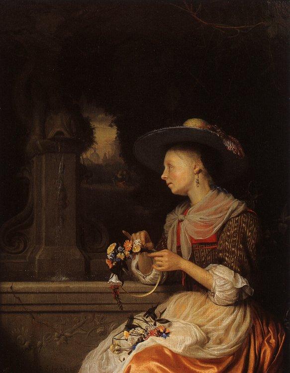 Godfried Schalcken Young Woman Weaving a Garland oil painting image